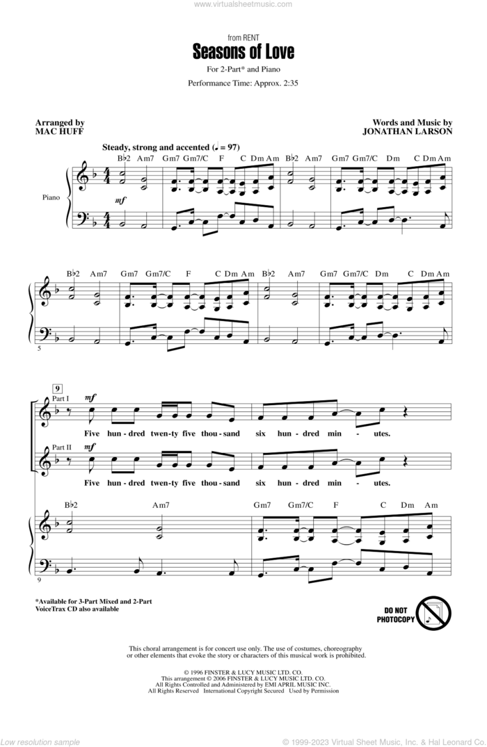 Seasons Of Love (from Rent) (arr. Mac Huff) sheet music for choir (2-Part) by Jonathan Larson, Mac Huff and Rent (Musical), intermediate duet
