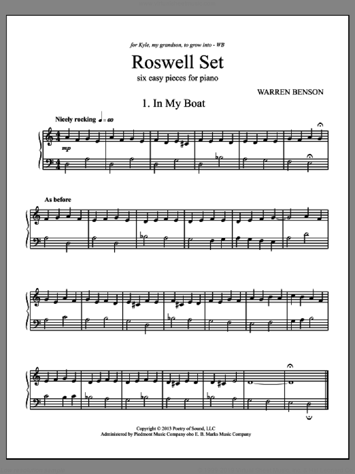 Roswell Set sheet music for piano solo by Warren Benson, intermediate skill level