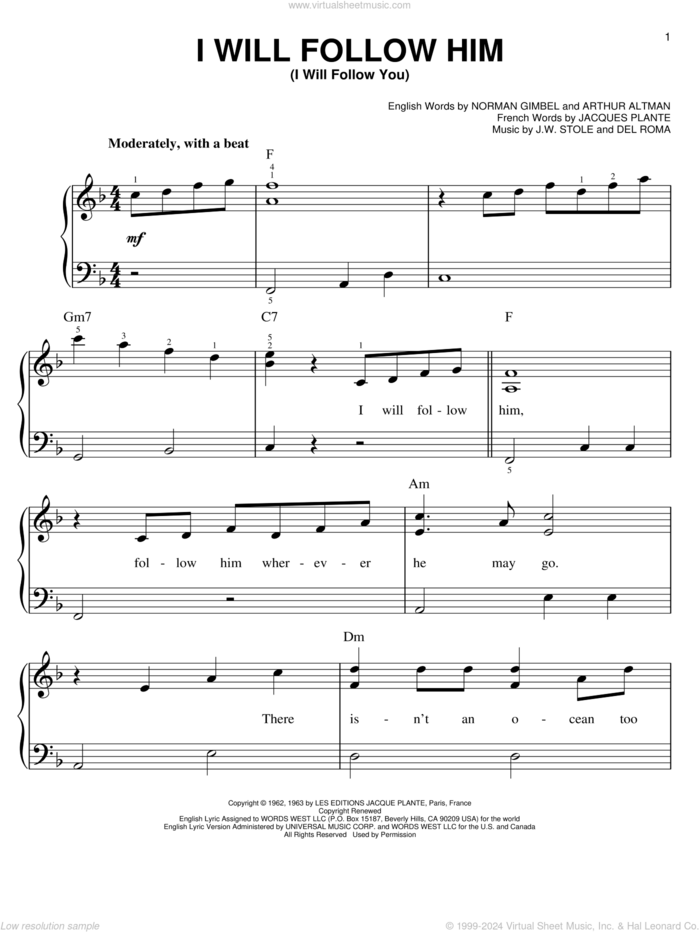 I Will Follow Him (I Will Follow You) sheet music for piano solo by Little Peggy March, easy skill level