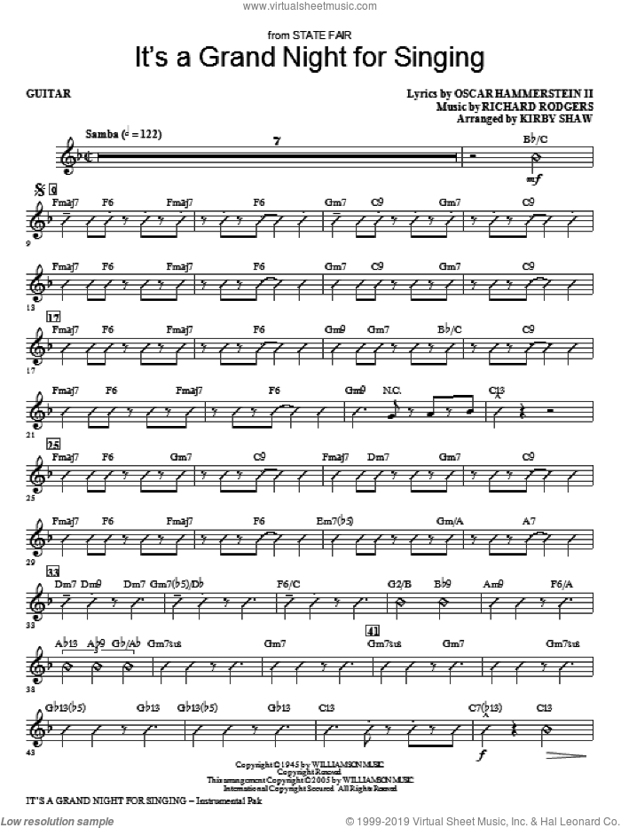 It's a Grand Night for Singing sheet music for orchestra/band (guitar) by Kirby Shaw, Oscar II Hammerstein and Richard Rodgers, intermediate skill level