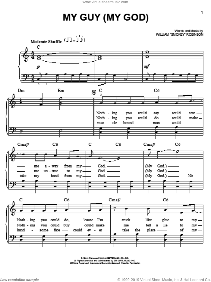 My Guy sheet music for piano solo by William 'Smokey' Robinson, easy skill level