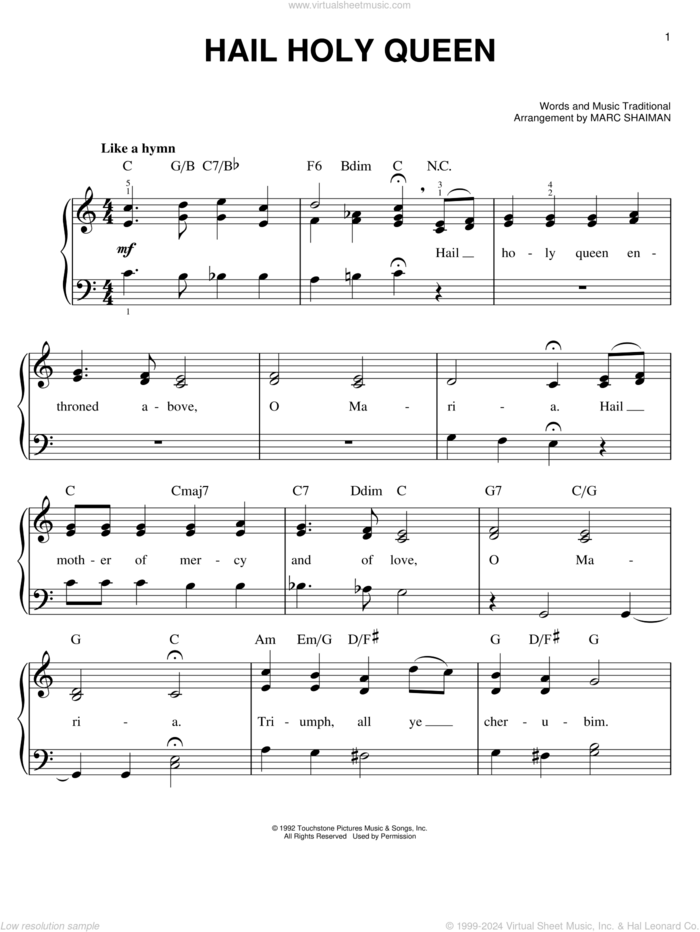 Hail Holy Queen sheet music for piano solo by Marc Shaiman, easy skill level