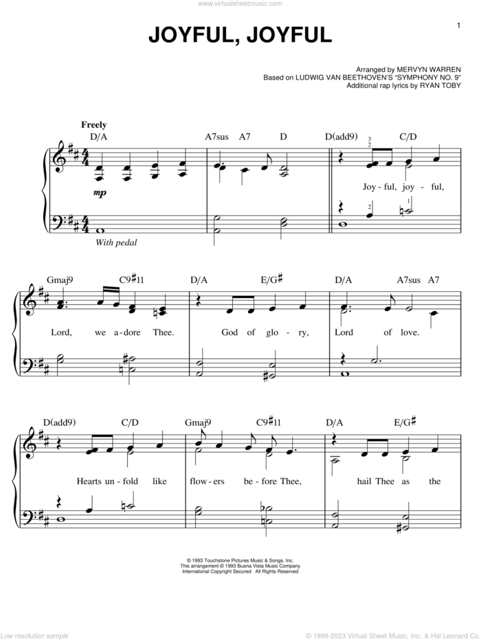 Joyful, Joyful sheet music for piano solo by Mervyn Warren, easy skill level