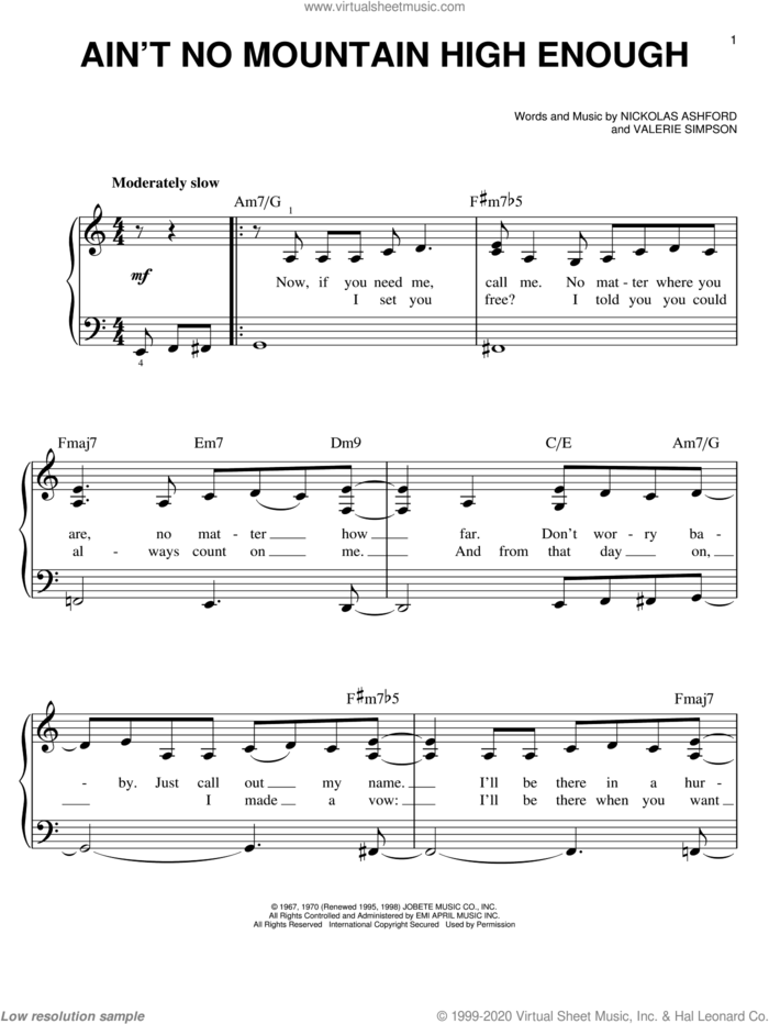 Ain't No Mountain High Enough sheet music for piano solo by Marvin Gaye & Tammi Terrell and Michael McDonald, easy skill level