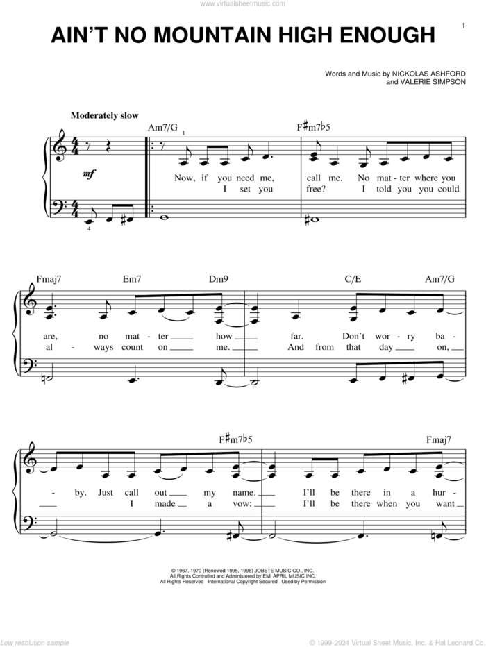 Ain't No Mountain High Enough sheet music for piano solo by Marvin Gaye & Tammi Terrell and Michael McDonald, easy skill level