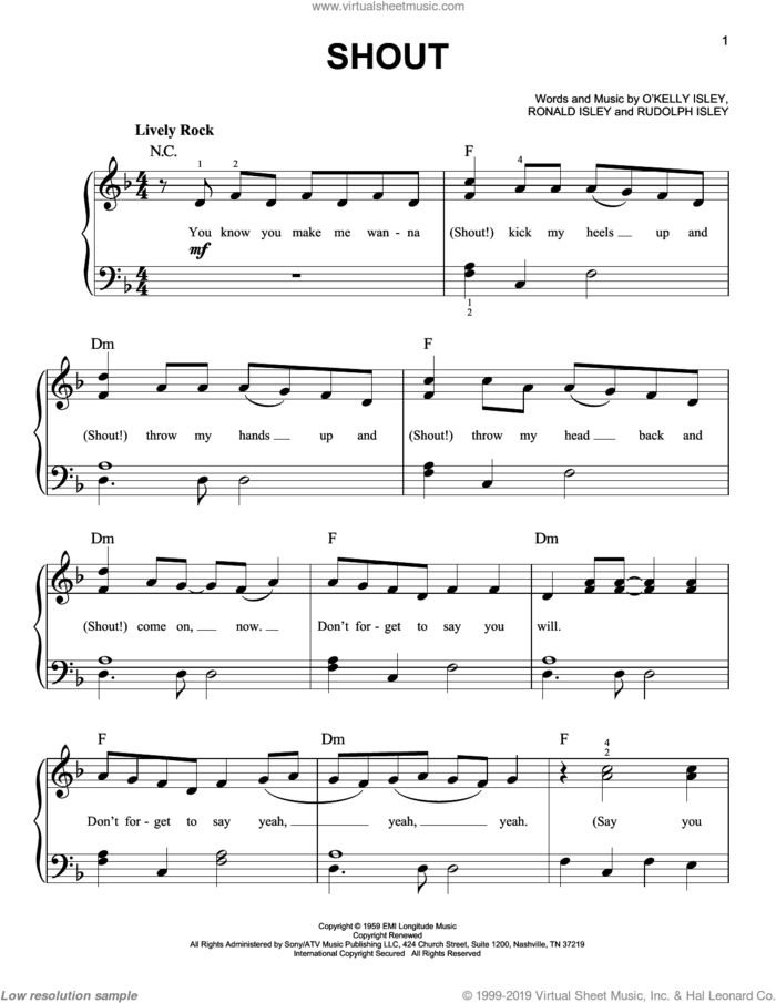 Shout sheet music for piano solo by The Isley Brothers, easy skill level