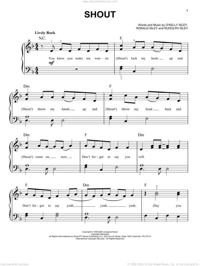 Shout sheet music for piano solo by The Isley Brothers, easy skill level