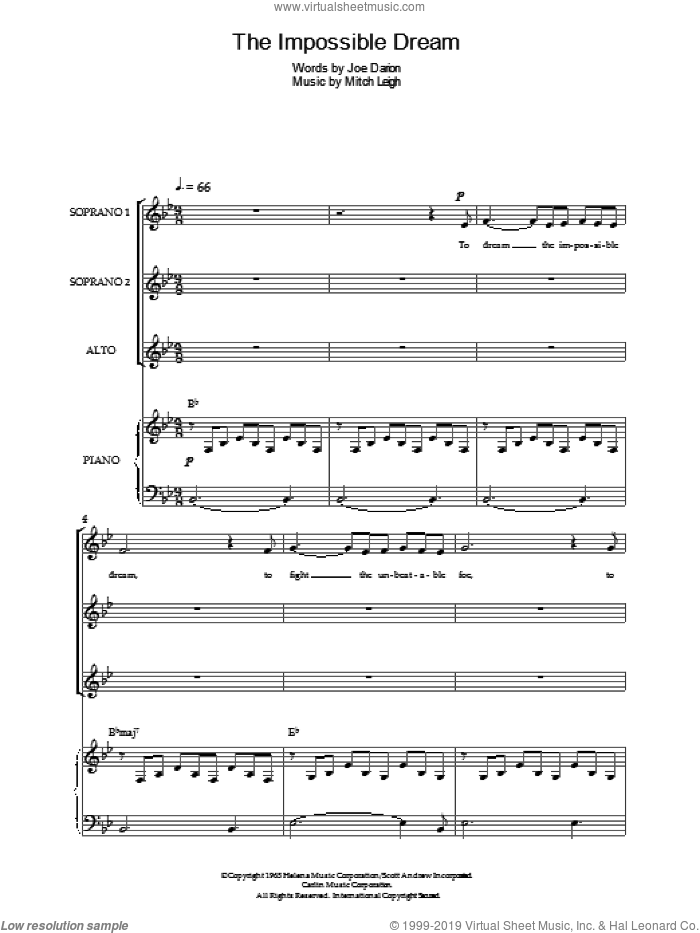 The Impossible Dream (from Man Of La Mancha) sheet music for choir (SSA: soprano, alto) by Mitch Leigh and Joe Darion, intermediate skill level