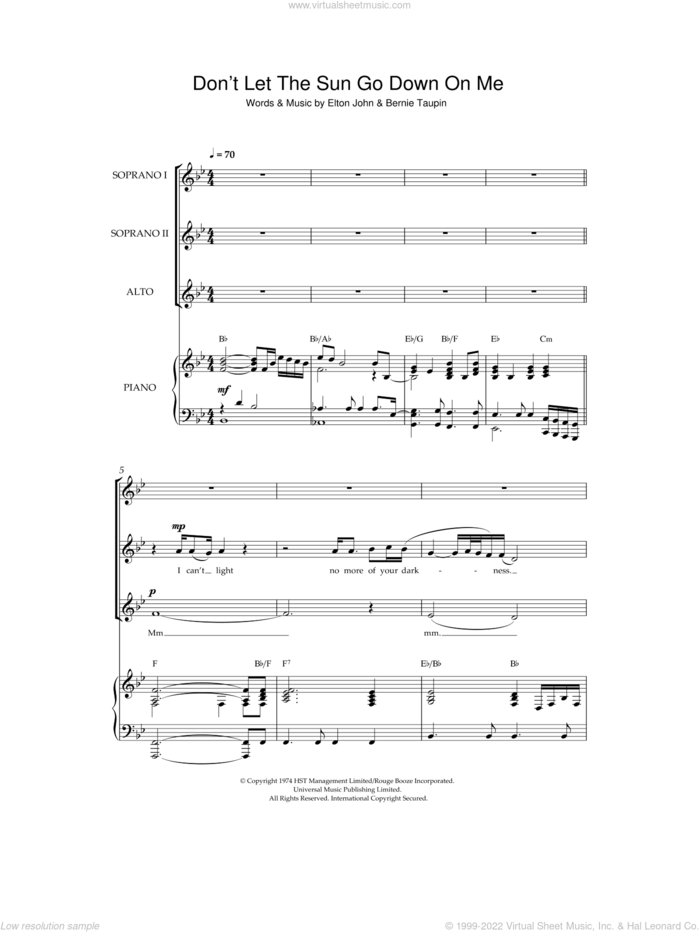 Don't Let The Sun Go Down On Me (arr. Christopher Hussey) sheet music for choir (SSA: soprano, alto) by Elton John, Christopher Hussey and Bernie Taupin, intermediate skill level