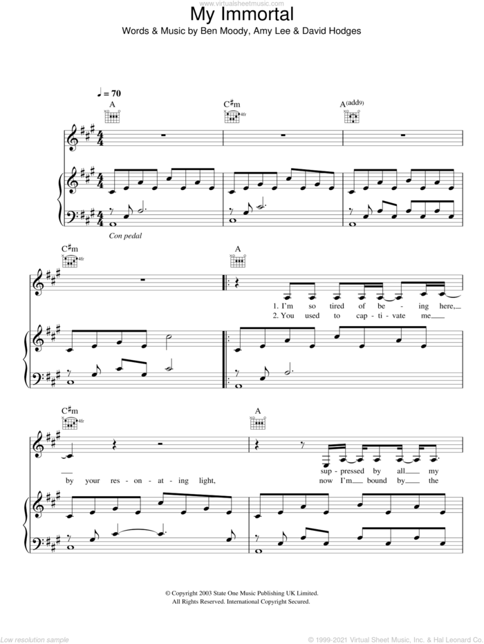 My Immortal sheet music for voice, piano or guitar by Evanescence, Amy Lee, Ben Moody and David Hodges, intermediate skill level