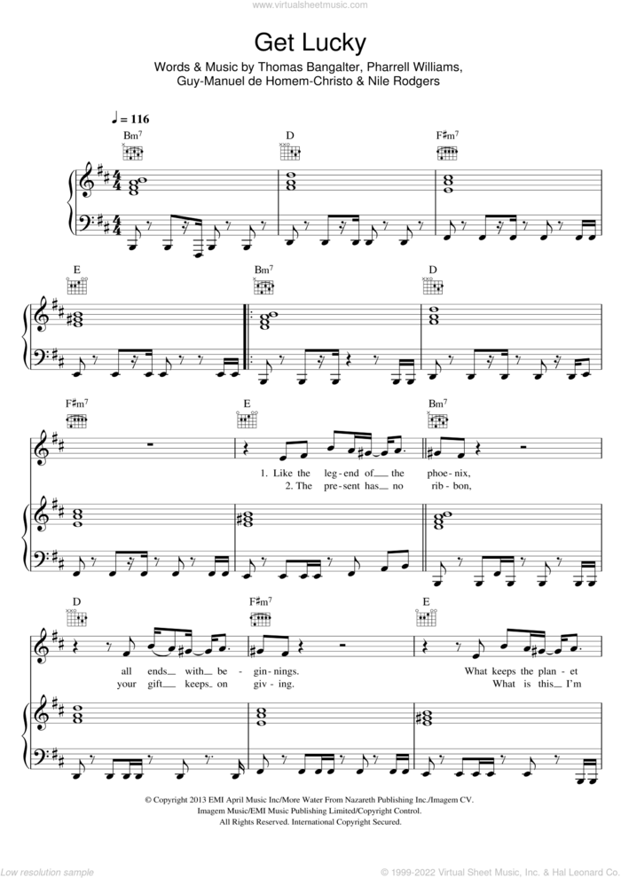 Get Lucky (featuring Pharrell Williams) sheet music for voice, piano or guitar by Daft Punk, Guy-Manuel de Homem-Christo, Nile Rodgers, Pharrell Williams and Thomas Bangalter, intermediate skill level