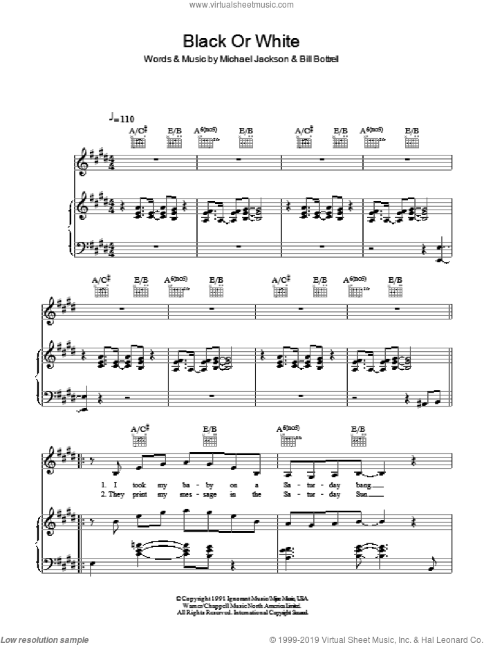 Black Or White sheet music for voice, piano or guitar by Michael Jackson and Bill Bottrell, intermediate skill level