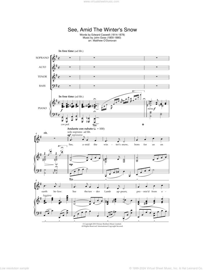 See Amid The Winter's Snow sheet music for choir by Traditional Christmas Carol, Edward Caswall and John Goss, intermediate skill level