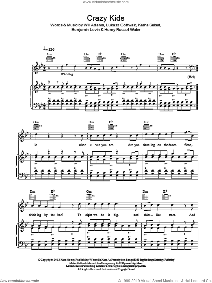 Crazy Kids sheet music for voice, piano or guitar by will.i.am featuring Kesha, Benjamin Levin, Henry Russell Walter, Kesha Sebert, Lukasz Gottwald and Will Adams, intermediate skill level