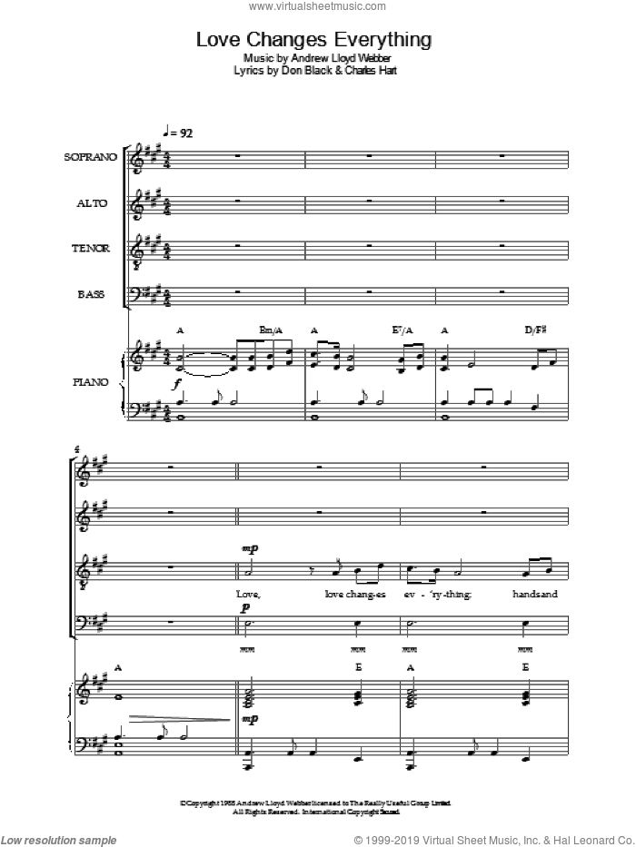 Love Changes Everything (from Aspects Of Love) sheet music for choir by Original Cast Recording, Andrew Lloyd Webber, Charles Hart and Don Black, intermediate skill level