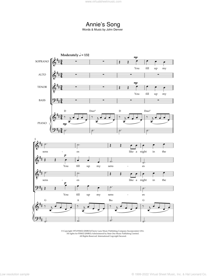 Annie's Song sheet music for choir by John Denver, intermediate skill level