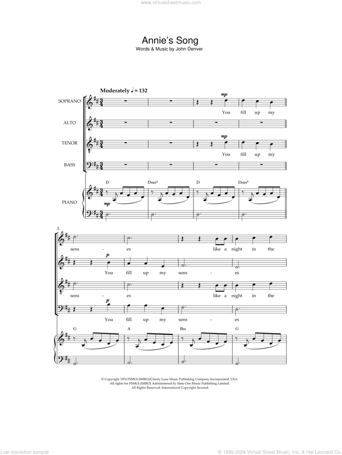 Annie's Song sheet music for choir by John Denver, intermediate skill level