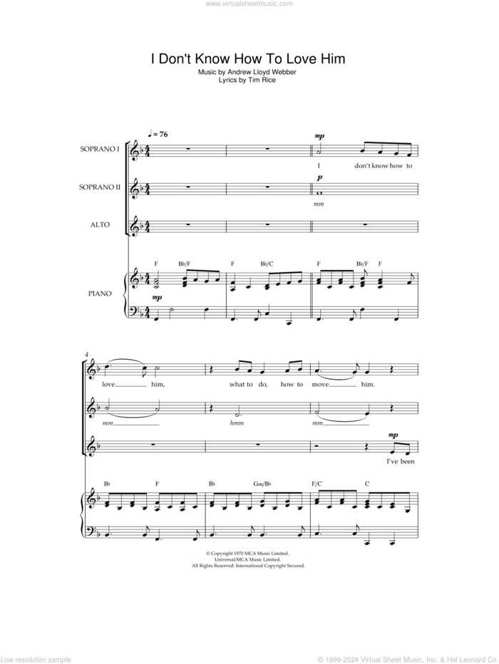 I Don't Know How To Love Him (from Jesus Christ Superstar) (arr. Jeremy Birchall) sheet music for choir (SSA: soprano, alto) by Andrew Lloyd Webber, Jeremy Birchall, Original Cast Recording and Tim Rice, intermediate skill level