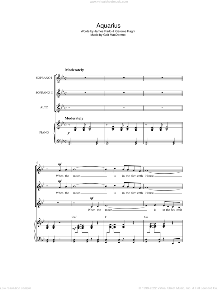 Aquarius (from 'Hair') sheet music for choir by Original Cast Recording, Galt MacDermot, Gerome Ragni and James Rado, intermediate skill level