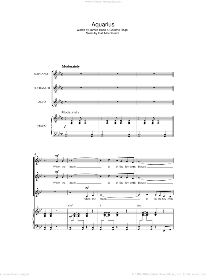 Aquarius (from 'Hair') sheet music for choir by Original Cast Recording, Galt MacDermot, Gerome Ragni and James Rado, intermediate skill level