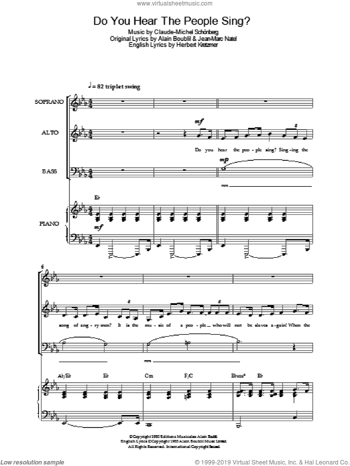 Do You Hear The People Sing? (from Les Miserables) sheet music for voice, piano or guitar by Original Cast Recording, Alain Boublil, Claude-Michel Schonberg, Herbert Kretzmer and Jean-Marc Natel, intermediate skill level