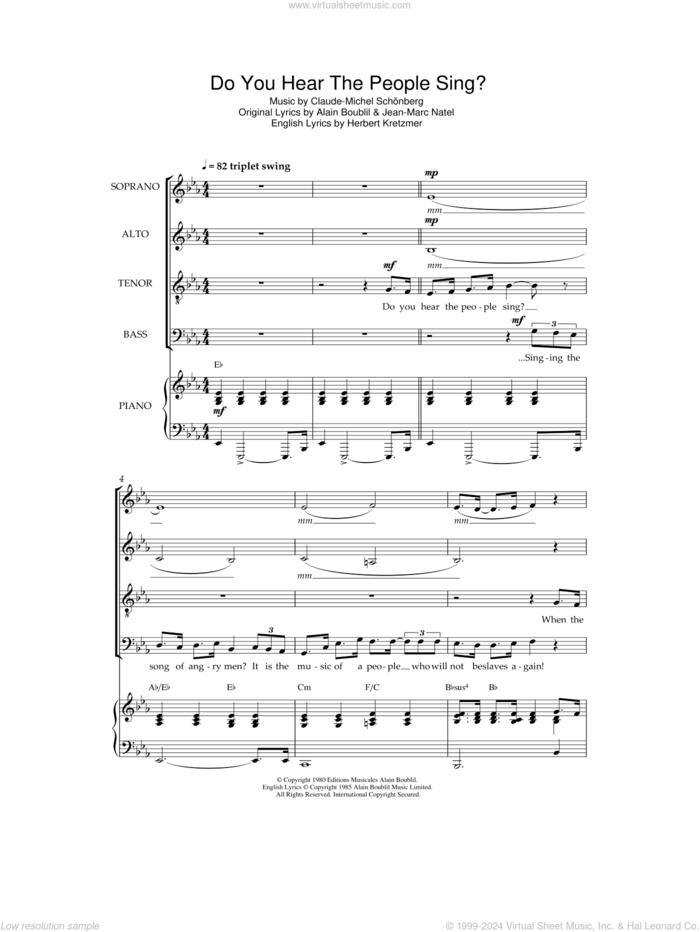 Do You Hear The People Sing? (from Les Miserables) sheet music for choir by Original Cast Recording, Alain Boublil, Claude-Michel Schonberg, Herbert Kretzmer and Jean-Marc Natel, intermediate skill level