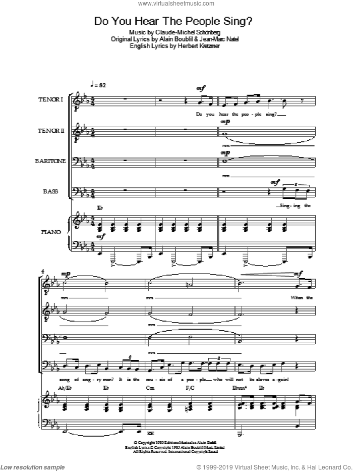 Do You Hear The People Sing? (from Les Miserables) sheet music for voice, piano or guitar by Shirley Bassey, Alain Boublil, Claude-Michel Schonberg, Herbert Kretzmer and Jean-Marc Natel, intermediate skill level