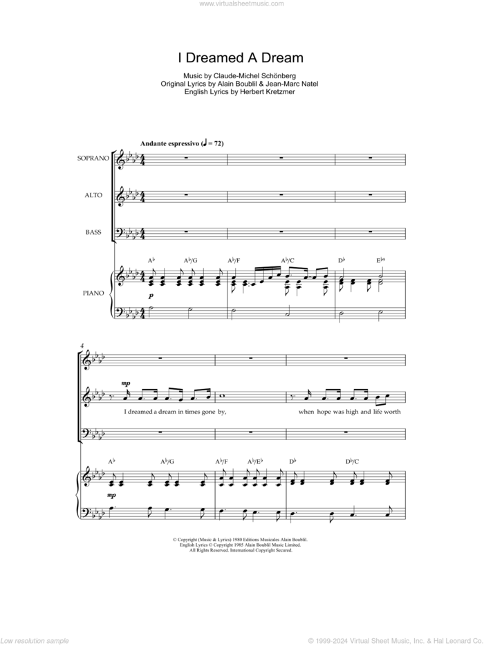 I Dreamed A Dream (from 'Les Miserables') sheet music for voice, piano or guitar by Les Miserables, Alain Boublil, Claude-Michel Schonberg, Herbert Kretzmer and Jean-Marc Natel, intermediate skill level