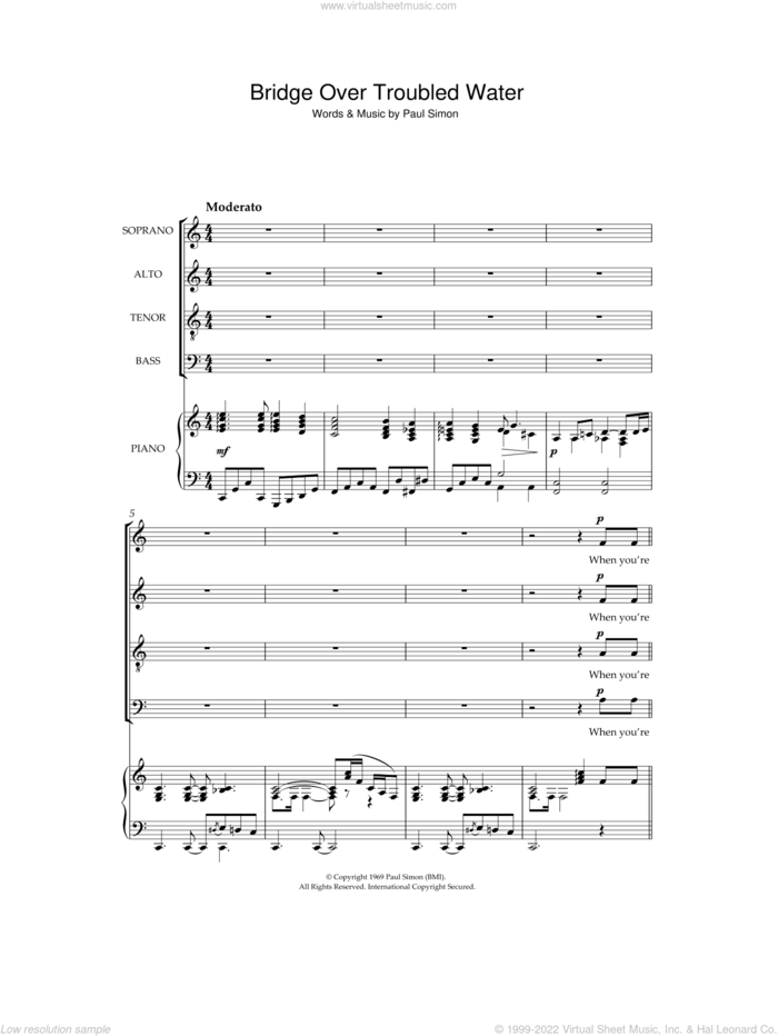 Bridge Over Troubled Water sheet music for choir (SATB: soprano, alto, tenor, bass) by Simon & Garfunkel, wedding score, intermediate skill level