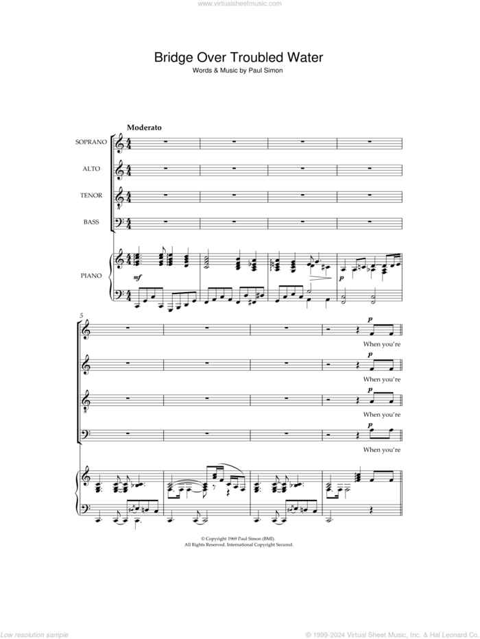 Bridge Over Troubled Water sheet music for choir (SATB: soprano, alto, tenor, bass) by Simon & Garfunkel, wedding score, intermediate skill level