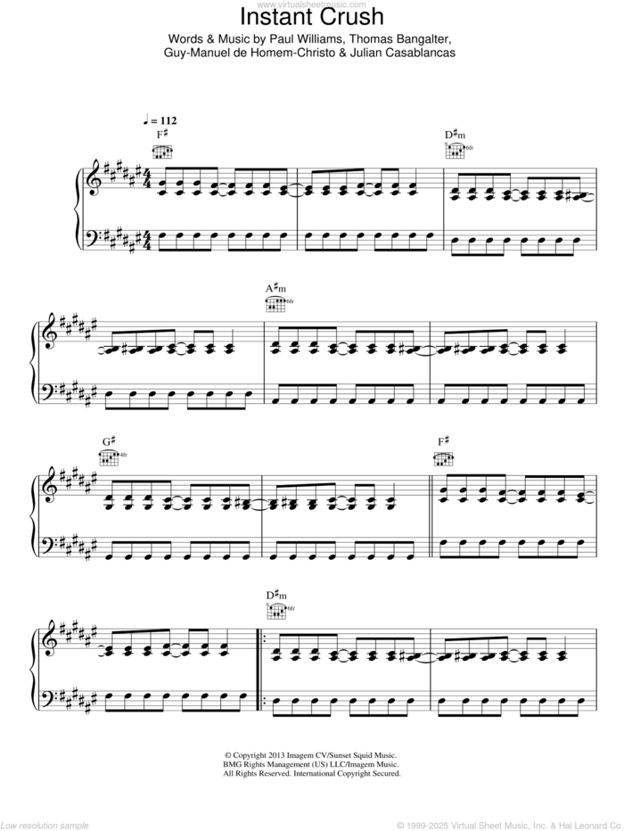 Instant Crush sheet music for voice, piano or guitar by Daft Punk, Guy-Manuel de Homem-Christo, Julian Casablancas, Paul Williams and Thomas Bangalter, intermediate skill level