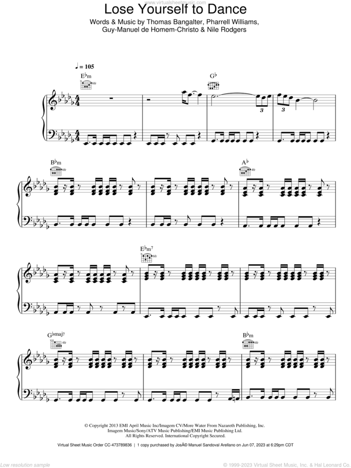 Lose Yourself To Dance sheet music for voice, piano or guitar by Daft Punk, Guy-Manuel de Homem-Christo, Nile Rodgers, Pharrell Williams and Thomas Bangalter, intermediate skill level