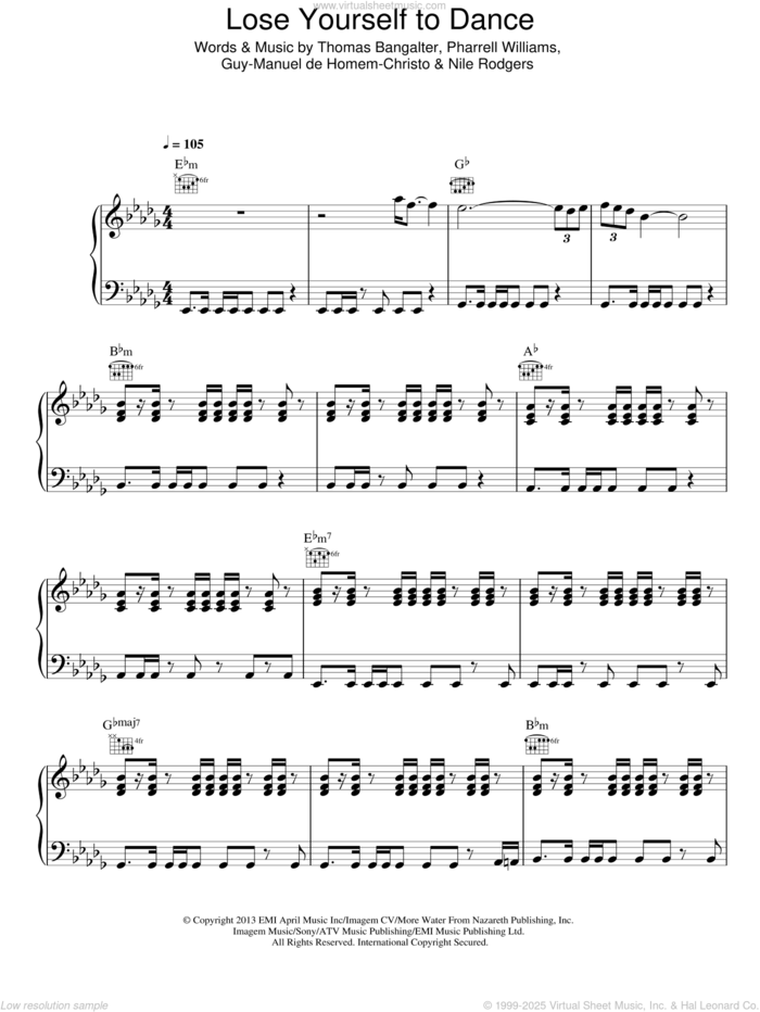 Lose Yourself To Dance sheet music for voice, piano or guitar by Daft Punk, Guy-Manuel de Homem-Christo, Nile Rodgers, Pharrell Williams and Thomas Bangalter, intermediate skill level