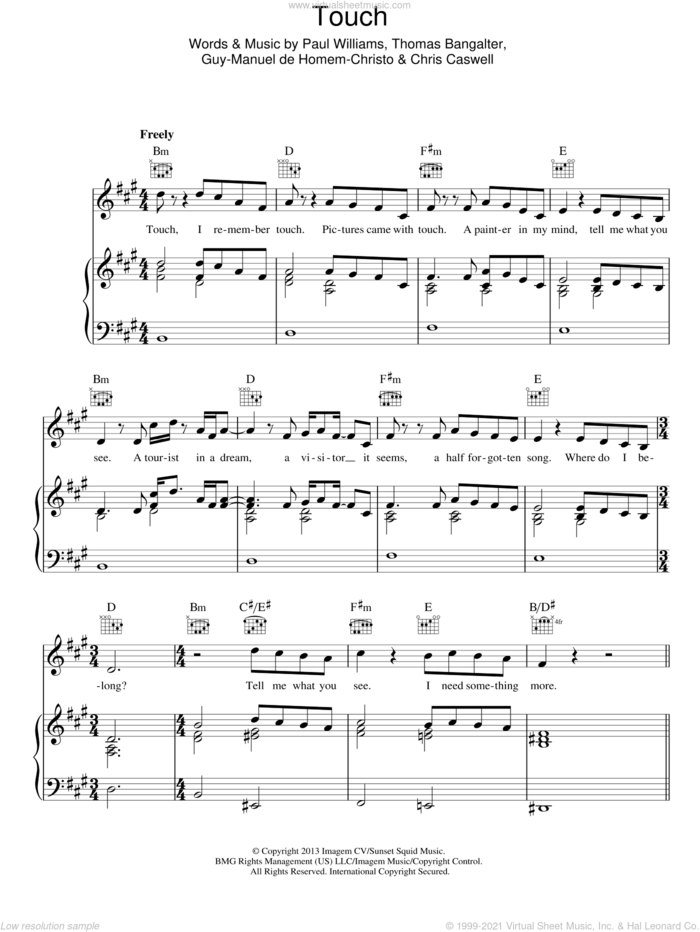 Touch sheet music for voice, piano or guitar by Daft Punk, Chris Caswell, Guy-Manuel de Homem-Christo, Paul Williams and Thomas Bangalter, intermediate skill level