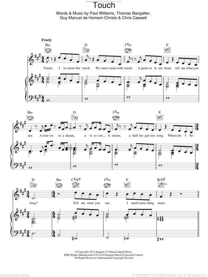 Touch sheet music for voice, piano or guitar by Daft Punk, Chris Caswell, Guy-Manuel de Homem-Christo, Paul Williams and Thomas Bangalter, intermediate skill level