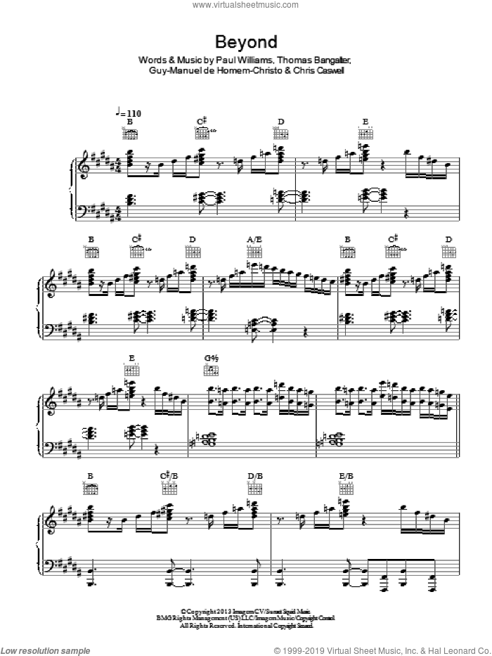 Beyond sheet music for voice, piano or guitar by Daft Punk, Chris Caswell, Guy-Manuel de Homem-Christo, Paul Williams and Thomas Bangalter, intermediate skill level