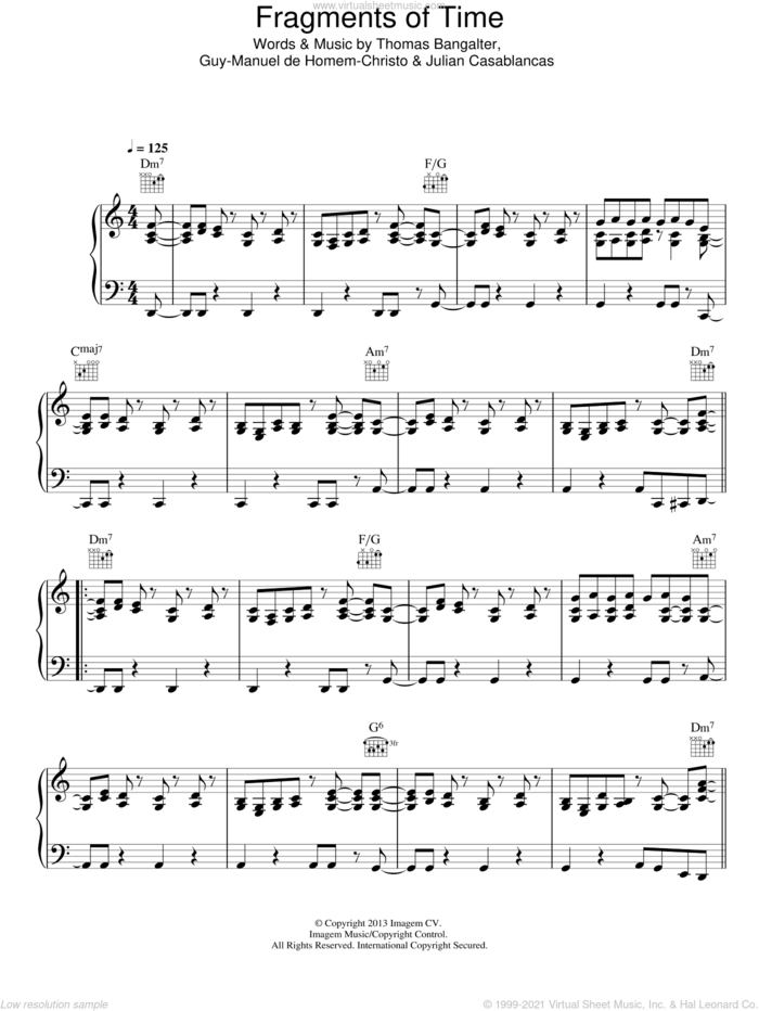 Fragments Of Time sheet music for voice, piano or guitar by Daft Punk, Guy-Manuel de Homem-Christo, Julian Casablancas and Thomas Bangalter, intermediate skill level