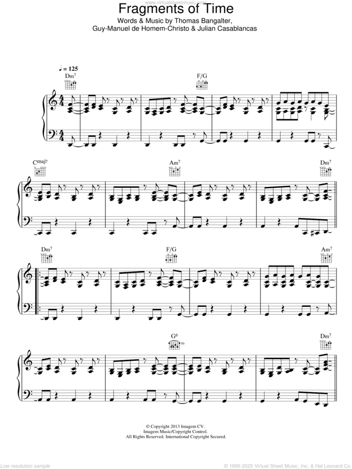 Fragments Of Time sheet music for voice, piano or guitar by Daft Punk, Guy-Manuel de Homem-Christo, Julian Casablancas and Thomas Bangalter, intermediate skill level