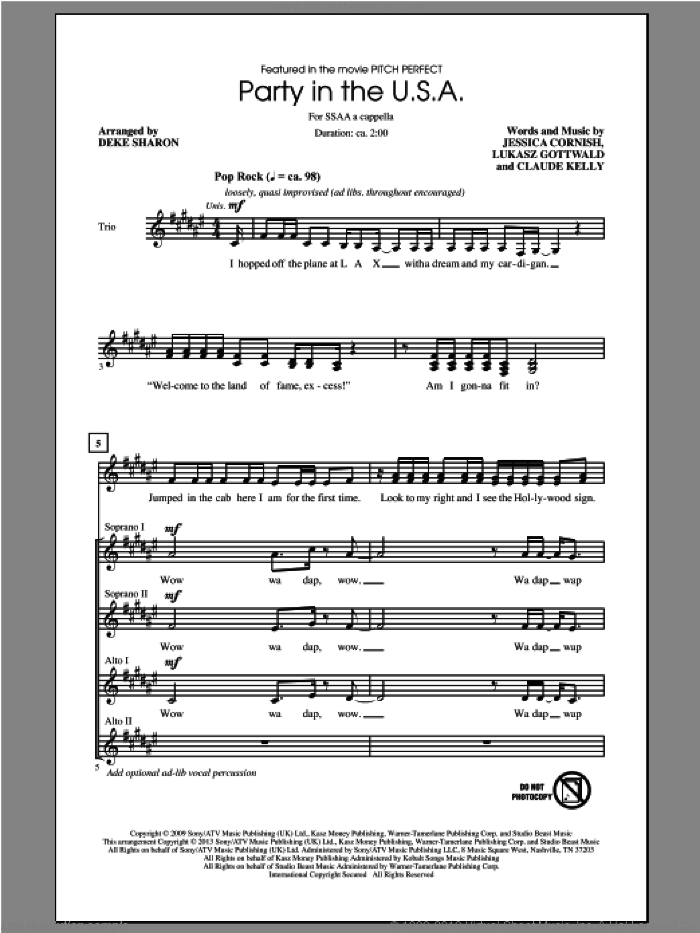 Party In The U.S.A. sheet music for choir (SSA: soprano, alto) by Miley Cyrus, Deke Sharon and Pitch Perfect (Movie), intermediate skill level