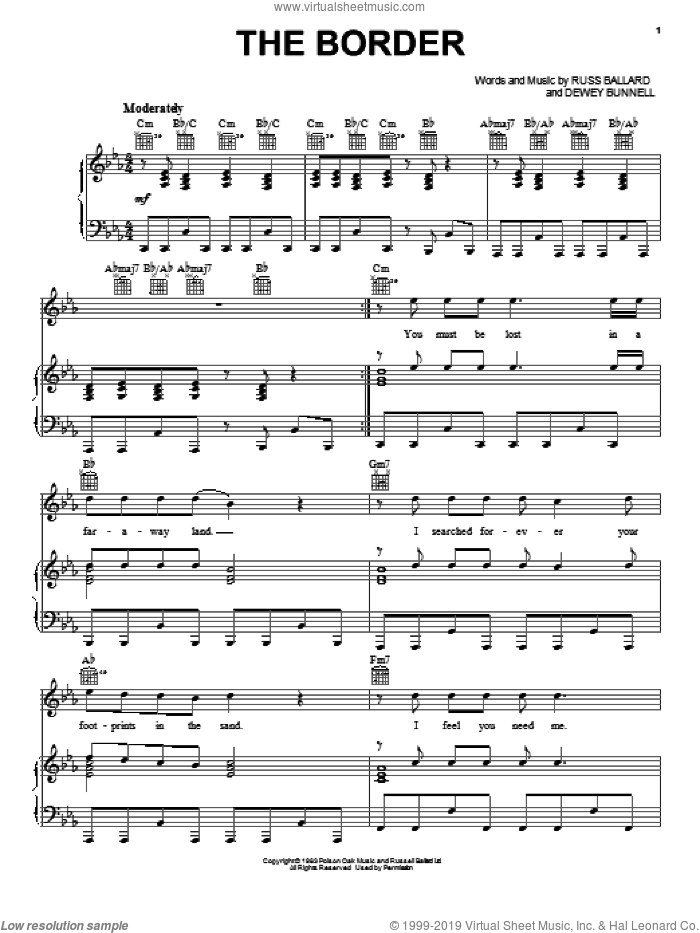 The Border sheet music for voice, piano or guitar by America, intermediate skill level