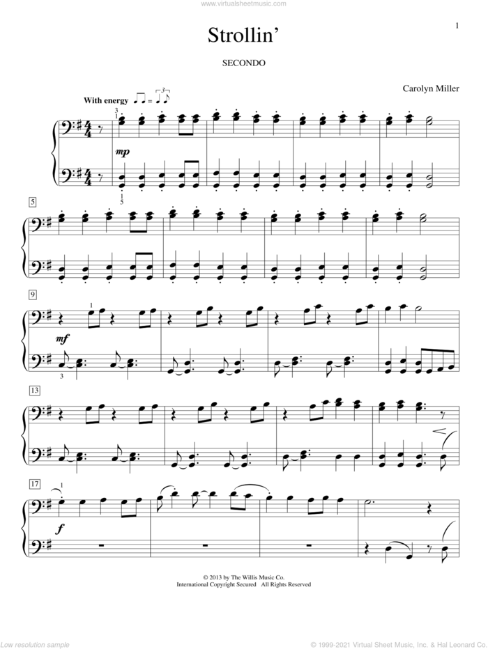 Strollin' sheet music for piano four hands by Carolyn Miller, classical score, intermediate skill level