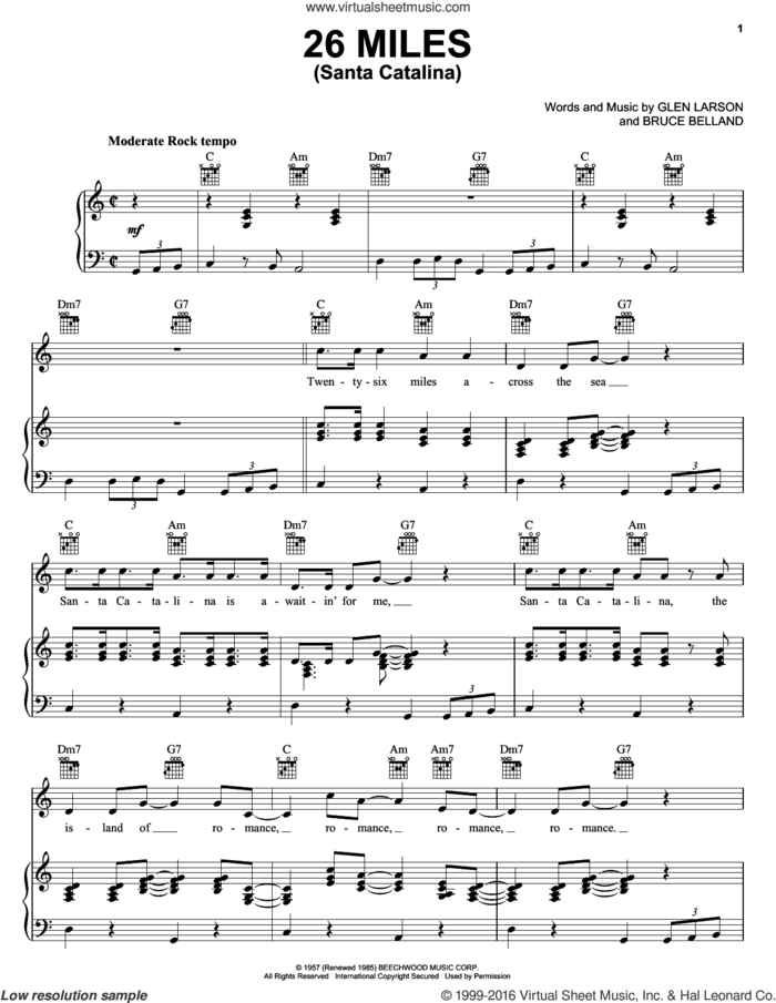 26 Miles (Santa Catalina) sheet music for voice, piano or guitar by Four Preps, Bruce Belland and Glen Larson, intermediate skill level