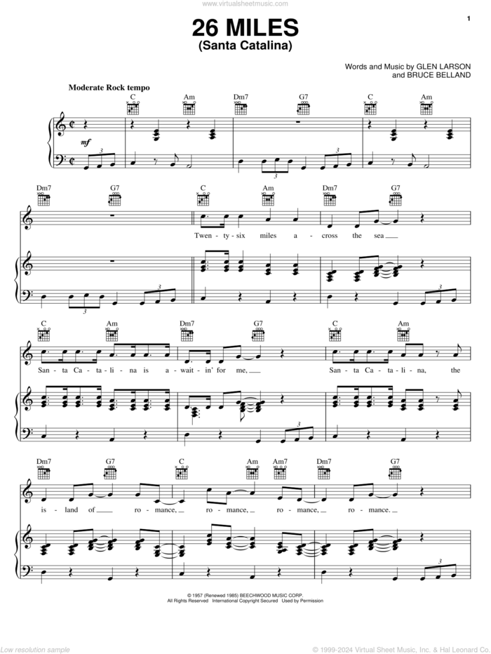 26 Miles (Santa Catalina) sheet music for voice, piano or guitar by Four Preps, Bruce Belland and Glen Larson, intermediate skill level