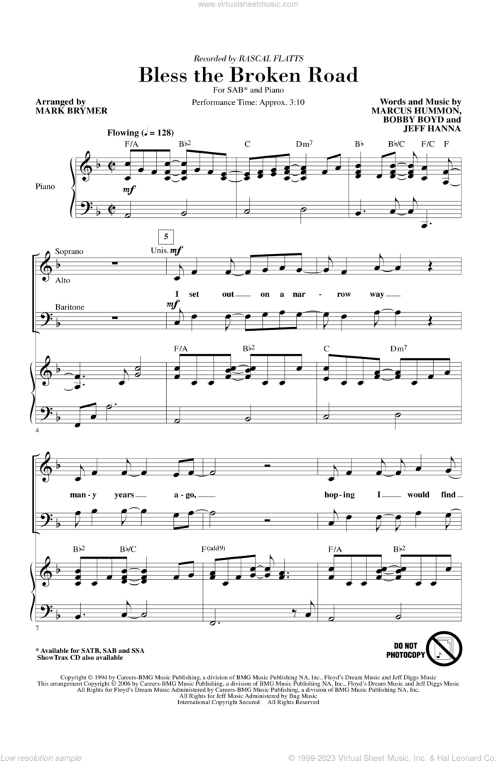 Bless The Broken Road sheet music for choir (SAB: soprano, alto, bass) by Mark Brymer and Rascal Flatts, wedding score, intermediate skill level