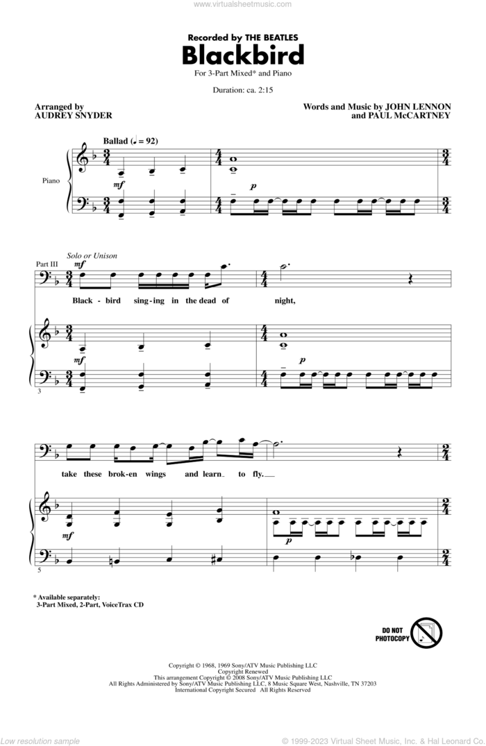 Blackbird (arr. Audrey Snyder) sheet music for choir (3-Part Mixed) by The Beatles, Audrey Snyder, John Lennon, Paul McCartney and Wings, intermediate skill level