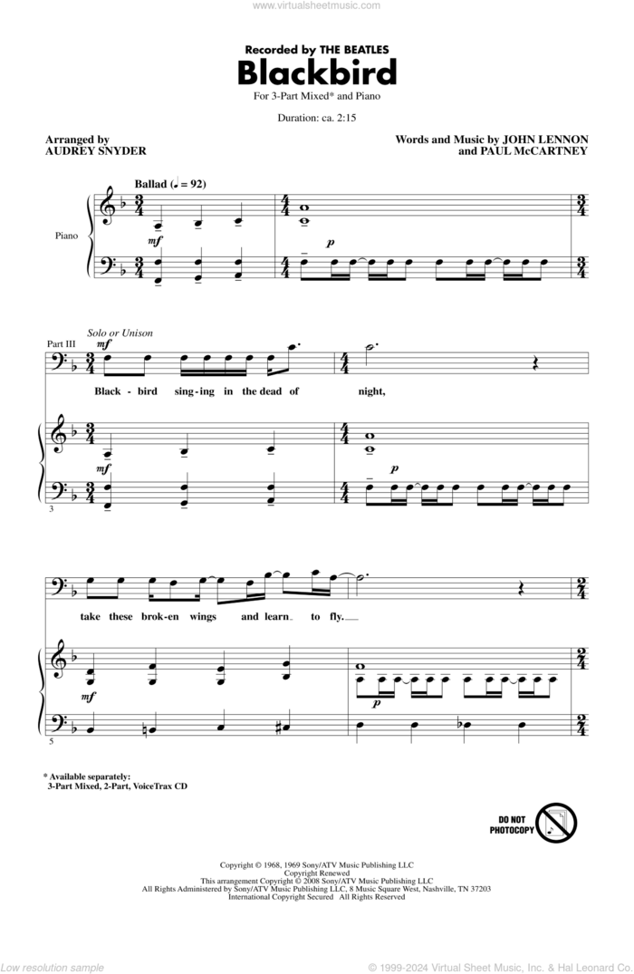 Blackbird (arr. Audrey Snyder) sheet music for choir (3-Part Mixed) by The Beatles, Audrey Snyder, John Lennon, Paul McCartney and Wings, intermediate skill level