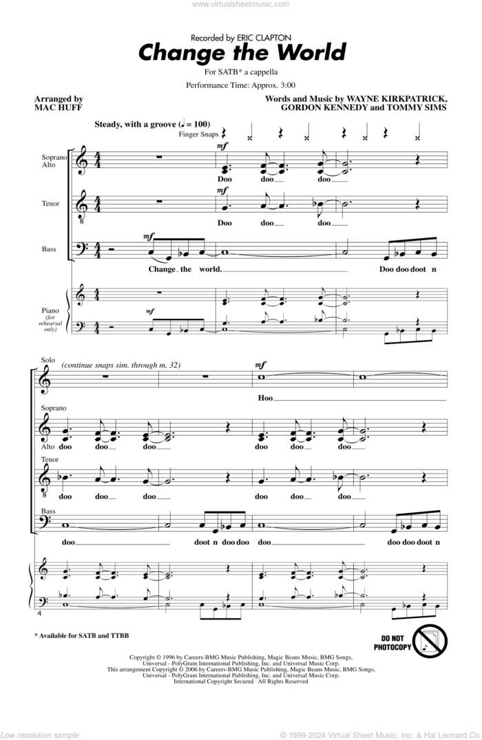 Change The World (arr. Mac Huff) sheet music for choir (SATB: soprano, alto, tenor, bass) by Mac Huff and Eric Clapton, intermediate skill level