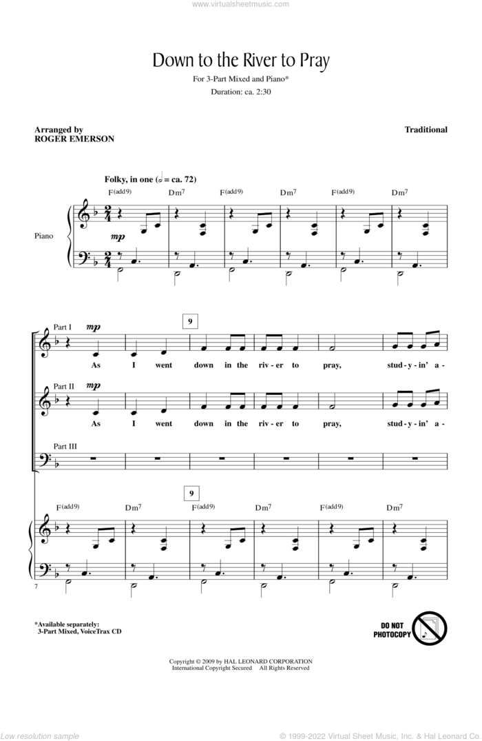 Down To The River To Pray sheet music for choir (3-Part Mixed) by Roger Emerson, intermediate skill level