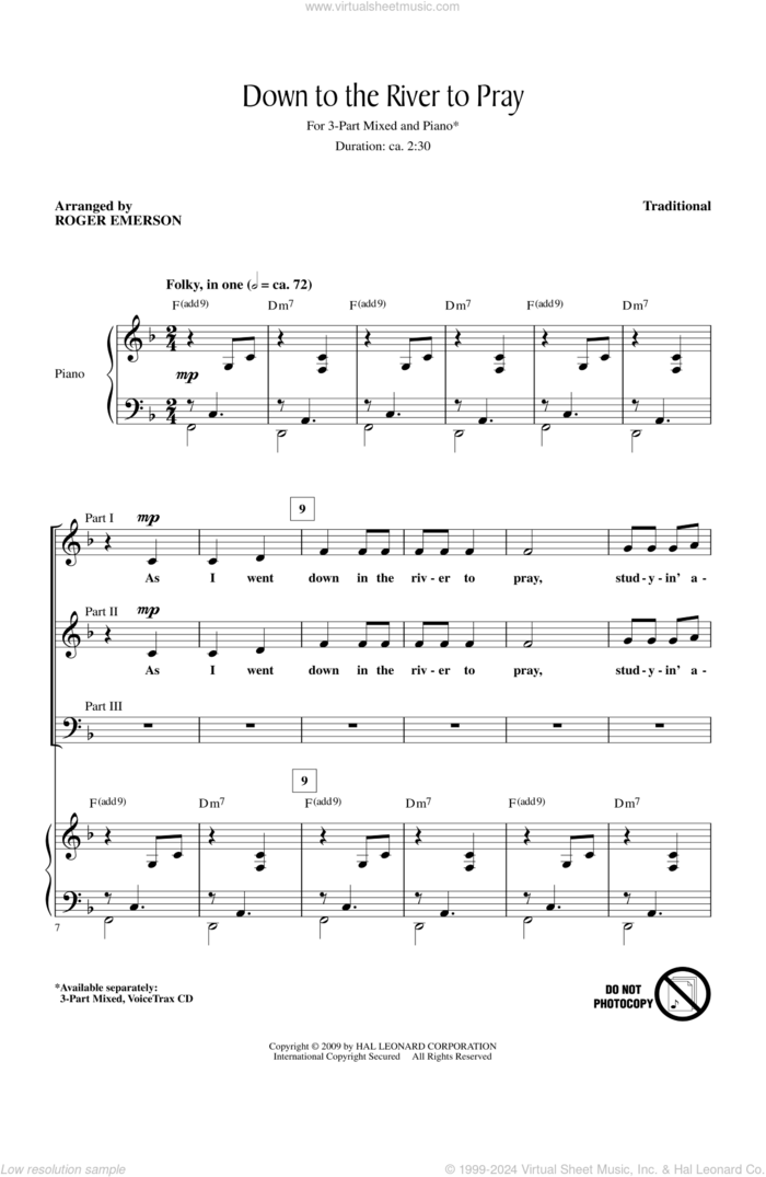 Down To The River To Pray sheet music for choir (3-Part Mixed) by Roger Emerson, intermediate skill level