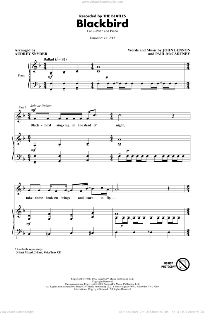 Blackbird (arr. Audrey Snyder) sheet music for choir (2-Part) by Paul McCartney, John Lennon, Audrey Snyder, The Beatles and Wings, intermediate duet